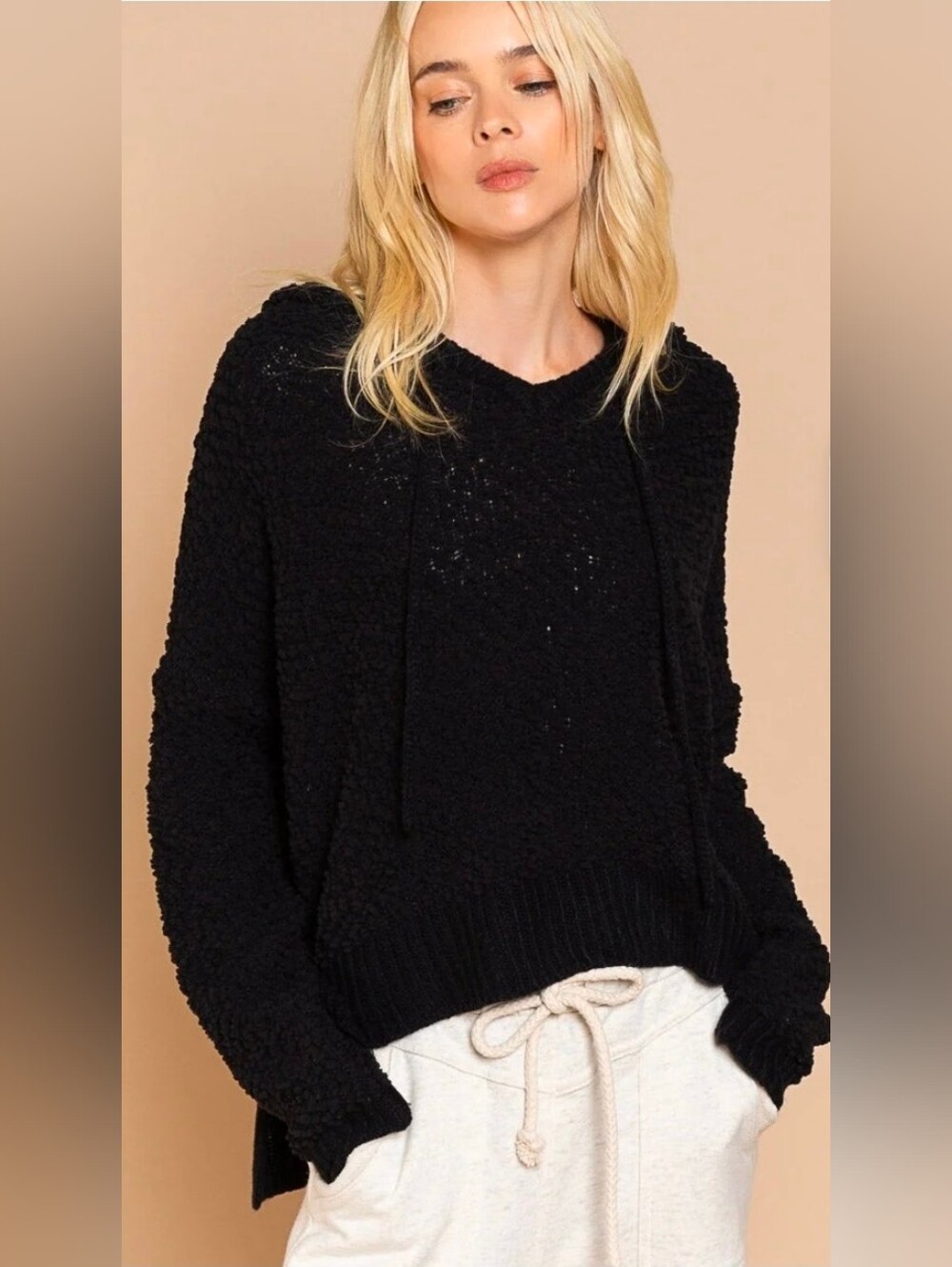 POL Black Popcorn Knit V-Neck Hoodie Sweater